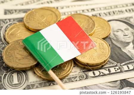 Italy flag on coins money, finance and accounting, banking. 126193847