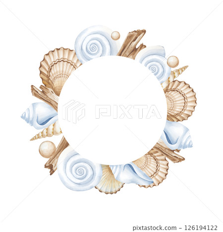 A round frame made of various seashells, driftwood and wooden balls. A watercolor template with an empty place to insert. Isolated. For postcards, invitations, marine-style decoration. A round frame made of various seashells, driftwood and wooden balls. A watercolor template with an empty place to insert. Isolated. For postcards, invitations, marine-style decoration. 126194122