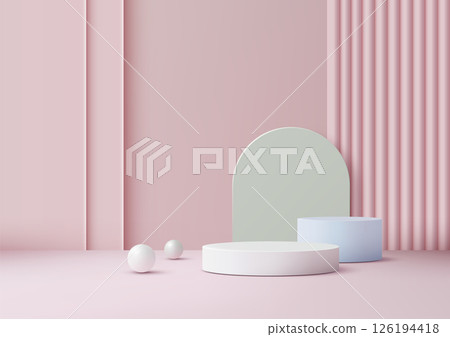 pastel pink minimalist 3d scene with white podium blue cylinder and spheres on soft pink backdrop vertical stripes green arch product display 126194418