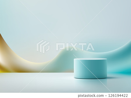 modern 3D blue cylindrical podium on glossy surface with liquid abstract background for product display mockup 126194422
