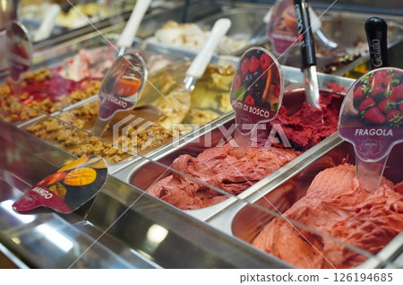 Variety of Gelato Flavors on Display in Ice Cream Shop Variety of Gelato Flavors on Display in Ice Cream Shop 126194685