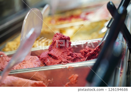 Delicious Raspberry Gelato Display in Ice Cream Parlor Delicious Raspberry Gelato Display in Ice Cream Parlor 126194686
