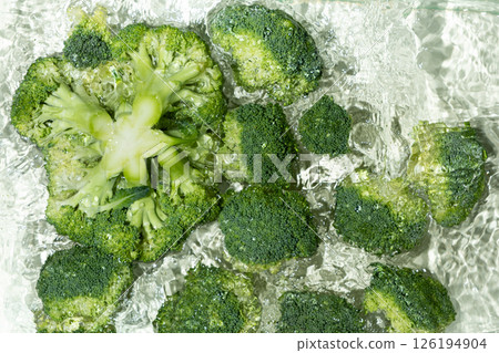Fresh Broccoli Floating in Water, Top View. 126194904