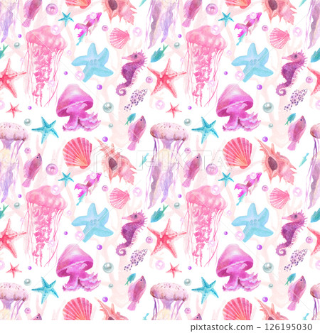 Watercolor pink seamless pattern with jellyfish, coral reefs and shells Watercolor pink seamless pattern with jellyfish, coral reefs and shells 126195030
