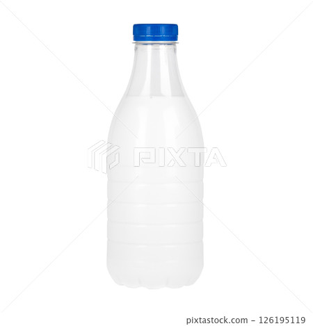 plastic milk bottle with blue cap isolated 126195119