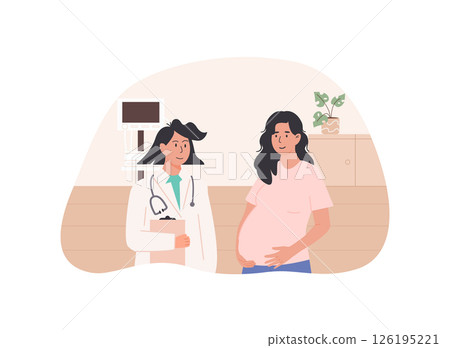 Pregnant woman talking to female doctor during prenatal checkup in medical office or maternity clinic. Antenatal consultation and pregnancy care concept. Flat Style Vector Illustration.  126195221