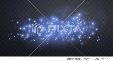 Blue glittering dots, particles, stars, magic sparks with smoke. Glow flare light effect. Blue luminous points in fog. Vector particles on transparent background. 126195452