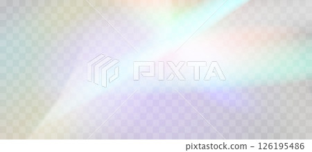 Blurred rainbow refraction overlay effect. Light lens prism effect on transparent background. Holographic reflection, crystal flare leak shadow overlay. Vector abstract illustration 126195486