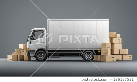Moving truck parked with stacked boxes 126195551