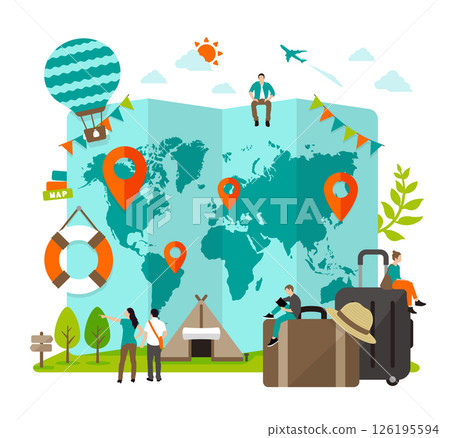 Color illustration with the motif of overseas travel and summer vacation (world map and travelers) Color illustration with the motif of overseas travel and summer vacation (world map and travelers) 126195594