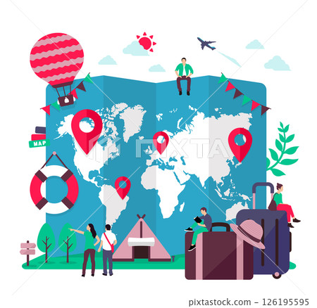 以海外旅行和暑假為主題的彩色插圖(世界地圖和旅行者) 以海外旅行和暑假為主題的彩色插圖(世界地圖和旅行者) 126195595