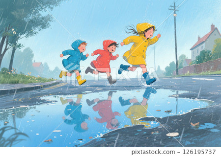 Children running on a rainy day AI generated 126195737