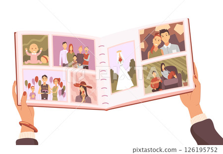 Family photo album. Woman hands holding old photographs. Photography with happy people. Good memory. Vector illustration in cartoon style 126195752