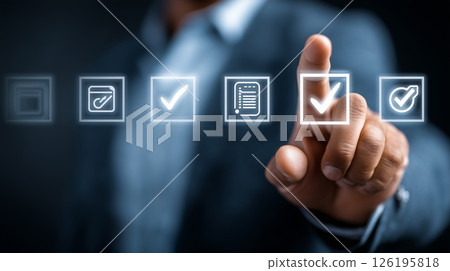 Futuristic touching of a check mark with a finger. DX/IT business image 126195818