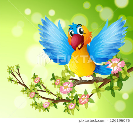 Cheerful Bird on Blooming Branch Illustration 126196076