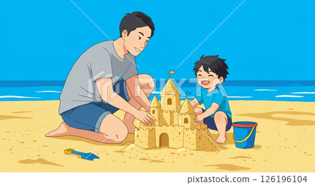 夏日海灘：父母小孩堆沙丘 126196104