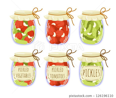 Pickled vegetables collection in flat style. Marinated cucumber, tomatoes, garlic. Autumn marinate food in jar with labels. Illustration isolated on a white background. 126196110
