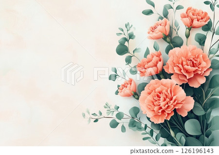 Beautiful floral arrangement featuring soft pink carnations and green eucalyptus leaves with copy space Beautiful floral arrangement featuring soft pink carnations and green eucalyptus leaves with copy space 126196143