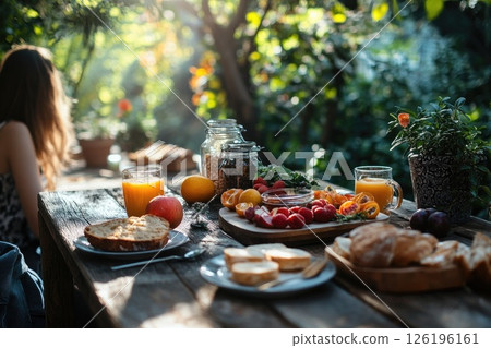 Outdoor breakfast table with fresh fruits, pastries, and beverages in a lush garden setting Outdoor breakfast table with fresh fruits, pastries, and beverages in a lush garden setting 126196161