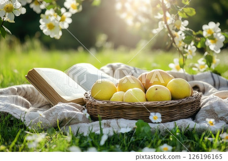 Fresh yellow apples in a woven basket beside an open book on a sunny grassy meadow Fresh yellow apples in a woven basket beside an open book on a sunny grassy meadow 126196165
