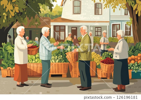 Elderly individuals engaging in friendly conversation at a vibrant outdoor farmer's market scene Elderly individuals engaging in friendly conversation at a vibrant outdoor farmer's market scene 126196181