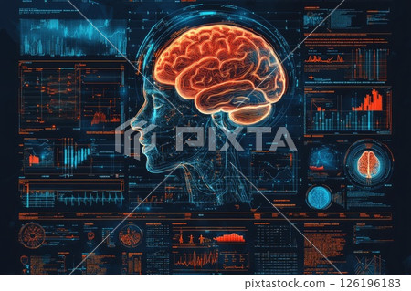 Digital illustration of human brain with data visualization and analytics in a futuristic design Digital illustration of human brain with data visualization and analytics in a futuristic design 126196183