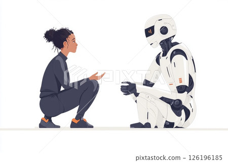 Young woman interacting with humanoid robot in a futuristic setting, showcasing technology and connection 126196185