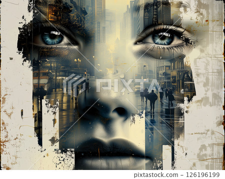 The eyes of a person reflecting the loneliness of the city. Between abstraction and reality. A fantasy art depicting a rainy city and a gaze. 126196199