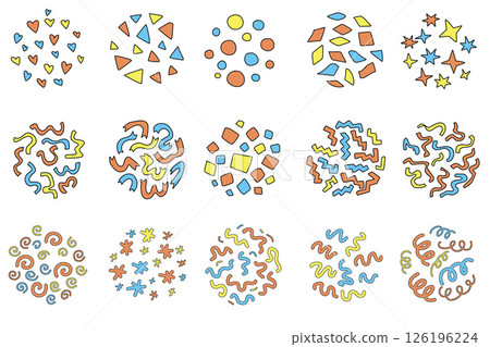 Confetti set illustration with various hand-drawn shapes. Fun, abstract decorative elements in bright colors perfect for celebration and party design. Confetti set illustration with various hand-drawn shapes. Fun, abstract decorative elements in bright colors perfect for celebration and party design. 126196224