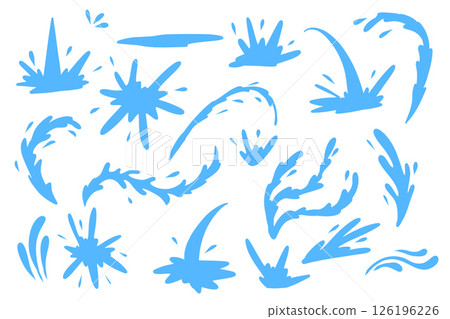 Blue water splashes and sprays in flat vector style. Dynamic collection of liquid elements for design, animation, or decoration. Blue water splashes and sprays in flat vector style. Dynamic collection of liquid elements for design, animation, or decoration. 126196226