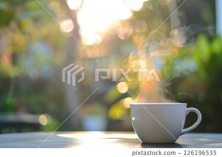 Cup of Coffee on a wooden table, summer green nature background. Outdoor. Copy space. Hot steamed coffee mug at a cafe. Rest, breakfast, vacations concept. Summertime in garden or backyard. Relax time Cup of Coffee on a wooden table, summer green nature background. Outdoor. Copy space. Hot steamed coffee mug at a cafe. Rest, breakfast, vacations concept. Summertime in garden or backyard. Relax time 126196535