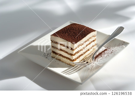 Delicious and Decadent Layered Tiramisu Beautifully Presented on a Plate for Everyone to Enjoy. A beautifully presented slice of tiramisu, perfect for dessert lovers and is ideal for food magazine 126196538