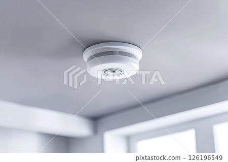 Fire Alarm, Smoke Detector, Fire Detector. Safety Device Installed at Ceiling. Smart Home Security System in Hotel, Apartment Room, Home or Office. For Service Engineering Company Site or Advertising. 126196549