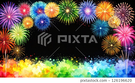 Illustration of fireworks blooming in the summer night sky 126196620