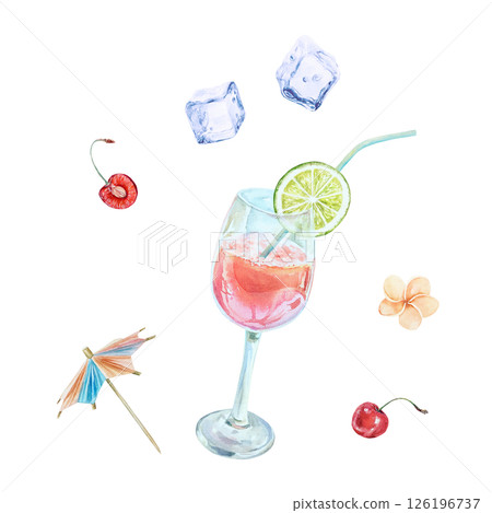Pink cocktail in glass goblet, ice cubes, cherry, lime wedge, straw, umbrella. Hand drawn watercolor illustration isolated on white. Postcards, invitations, summer banners, posters, covers, bar card. Pink cocktail in glass goblet, ice cubes, cherry, lime wedge, straw, umbrella. Hand drawn watercolor illustration isolated on white. Postcards, invitations, summer banners, posters, covers, bar card. 126196737