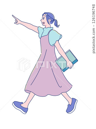 A cute anime-style female student walking with a book 126196748
