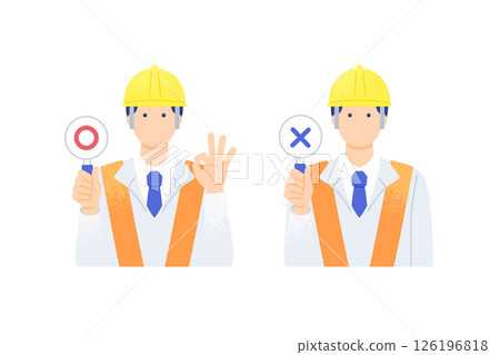 A man working in the construction industry. A site supervisor in work clothes holds a check mark. Simple vector illustration material. 126196818