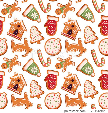 Seamless pattern with gingerbread cookie in festive Christmas shape in cartoon style. Mitten, candy cane and gingerbread men on a white background for wrapping paper, wallpaper, package. Seamless pattern with gingerbread cookie in festive Christmas shape in cartoon style. Mitten, candy cane and gingerbread men on a white background for wrapping paper, wallpaper, package. 126196984