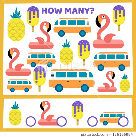 Summer fun. How many flamingo and tropical fruits. Kids worksheet. Workbook test. Math counting quiz. Children game. Car van vacation. Finding identical ice creams. Vector educational puzzle design 126196994
