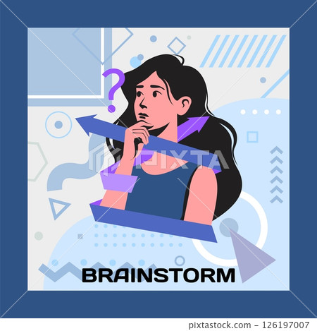 Decision searching. Confused woman finding way. Tangled direction arrow. Thoughtful girl with question. Brainstorm and finding solution. Choice dilemma. Pensive person deciding problem. Vector concept 126197007