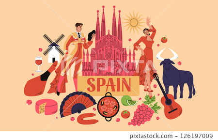 Tourism in Spain. Spanish landmarks. Vacation banner. Traditional architecture and national food. Sacred cathedral. Flamenco dance with fan. European country culture. Guitar music. Vector background 126197009