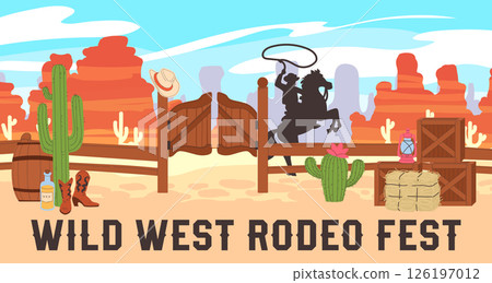 Cowboy western. Wild West poster with logo. Vintage American fest. Rodeo scene in Texas. Sheriff icon. Retro desert label. Arizona ranch. Saloon wooden boxes. Horse rider with lasso. Vector background 126197012