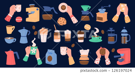 Coffee. Kettle, espresso machine, arabica beverage in mug cafe. Method barista v60. Cup of cappuccino and cookie, package beans. Icon latte, hold in hands morning drinks. Vector garish isolated set 126197024