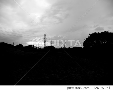 Landscape with a steel tower. Monochrome. Landscape with a steel tower. Monochrome. 126197061