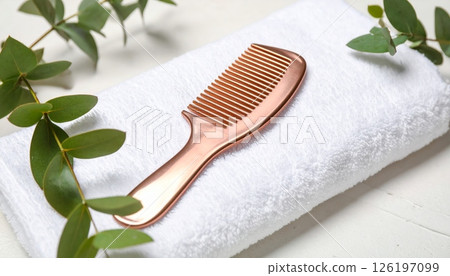 Portable comb on a white towel surrounded by green leaves 126197099