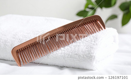 Portable comb on a white towel surrounded by green leaves Portable comb on a white towel surrounded by green leaves 126197101