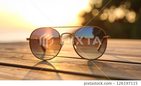 Round reflective sunglasses sit on a wooden table. Round reflective sunglasses sit on a wooden table. 126197115