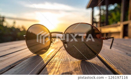 Round reflective sunglasses sit on a wooden table. Round reflective sunglasses sit on a wooden table. 126197116