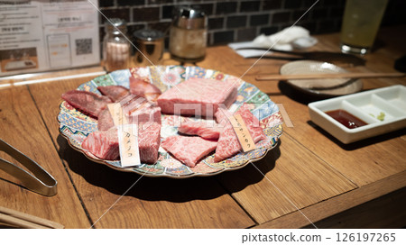 raw japanese Wagyu in kitchen at Japan raw japanese Wagyu in kitchen at Japan 126197265