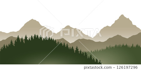 Foggy mountains landscape background. Smoky and rocky panorama with mountains skyline and pine tree forest silhouettes. Scenery with slopes, vector cartoon illustration 126197296